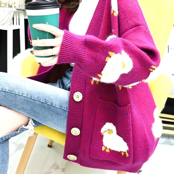 HOT PINK FUSCHIA ONE SIZE DEEP V CARDIGAN SWEATER WITH WHITE AND YELLOW SHEEP - Picture 2 of 3